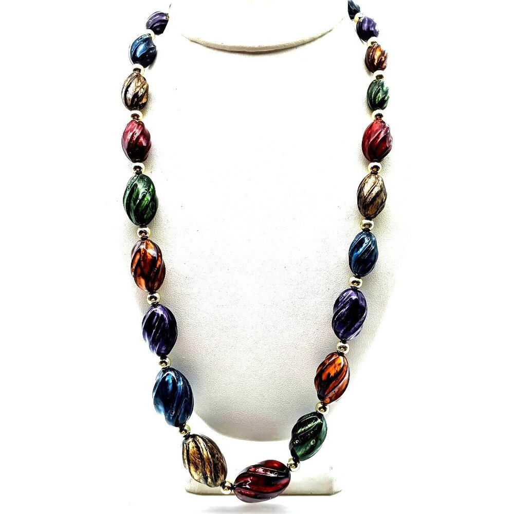 Chic Multi Color Beaded Necklace, Graduated Vintage Gilded Lucite Strand